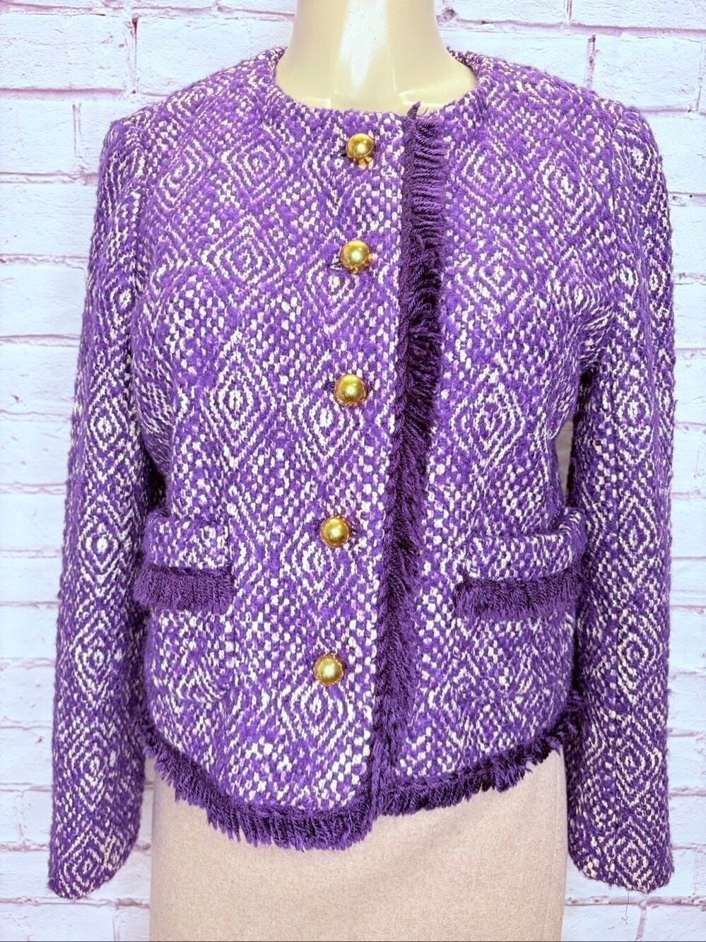J. Crew Womens Purple Corkscrew Tweed Fringe Wool Blend Crop Lady Jacket Size 10